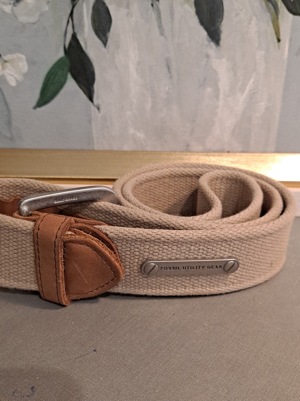 Fossil Utility Gear Tan Webbed Cotton Canvas Belt with Leather Accents